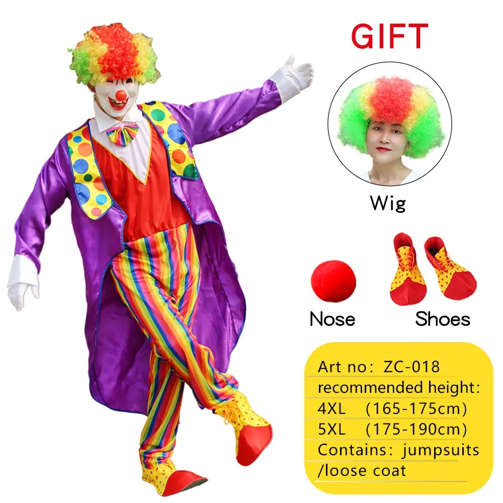 Halloween Adult Funny Circus Clown Cosplay Costumes Carnival Party Show With Wig Shoes Sponge Nose Dress for Men Women