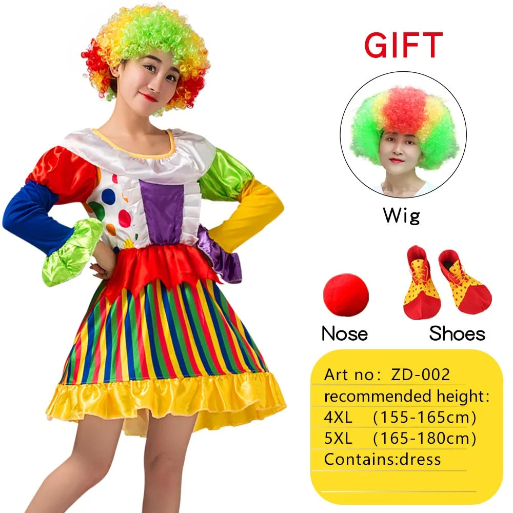 Halloween Adult Funny Circus Clown Cosplay Costumes Carnival Party Show With Wig Shoes Sponge Nose Dress for Men Women