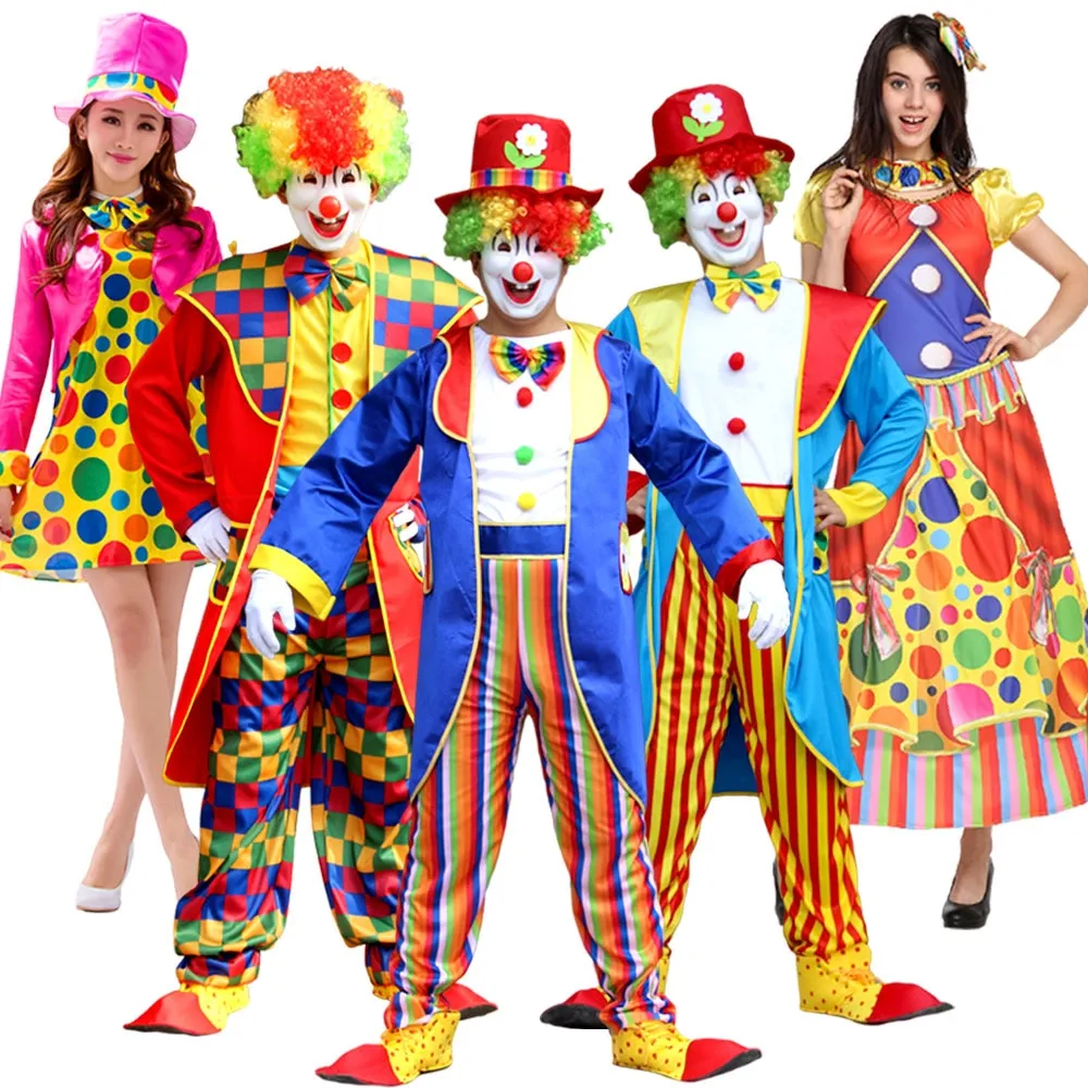 Halloween Adult Funny Circus Clown Cosplay Costumes Carnival Party Show With Wig Shoes Sponge Nose Dress for Men Women