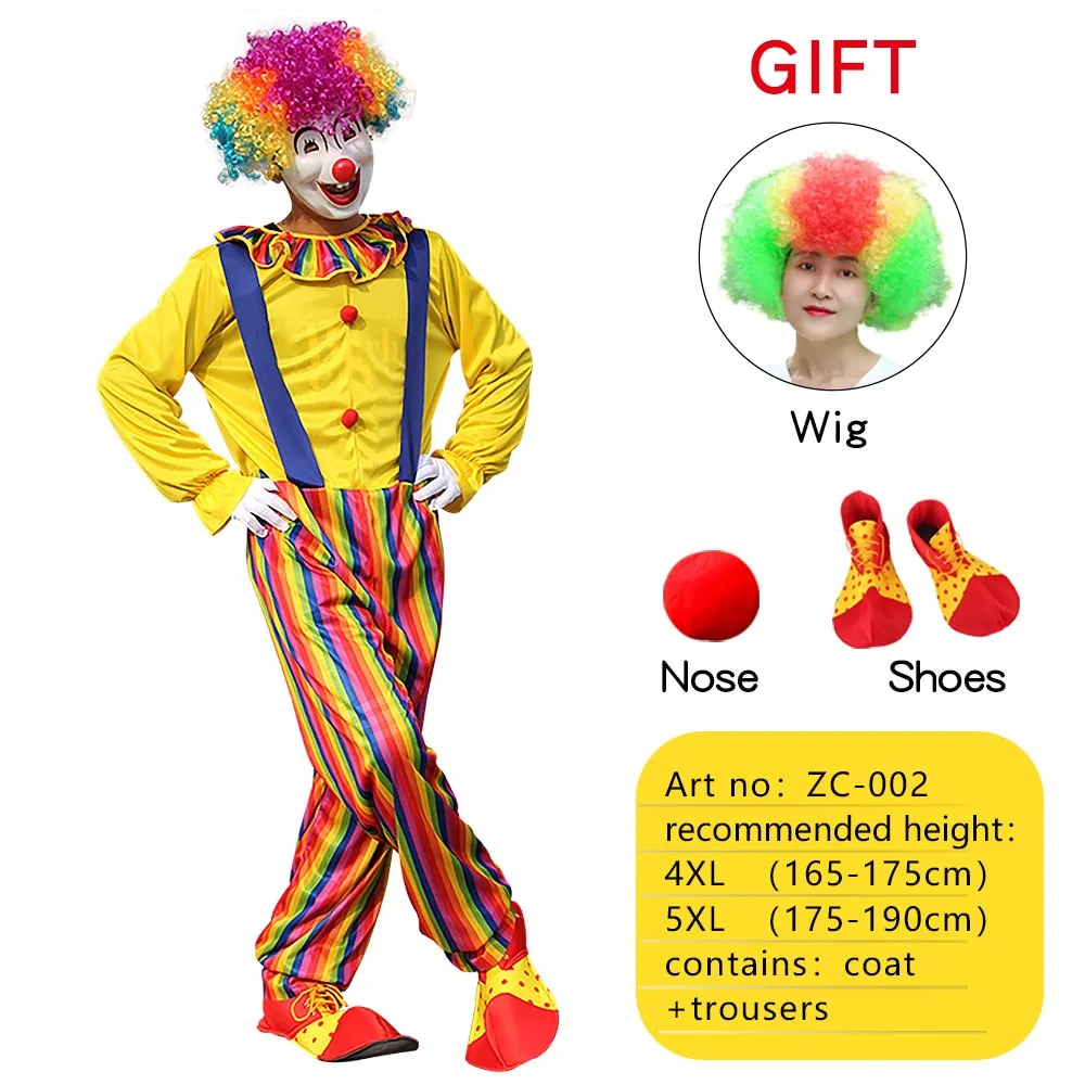 Halloween Adult Funny Circus Clown Cosplay Costumes Carnival Party Show With Wig Shoes Sponge Nose Dress for Men Women