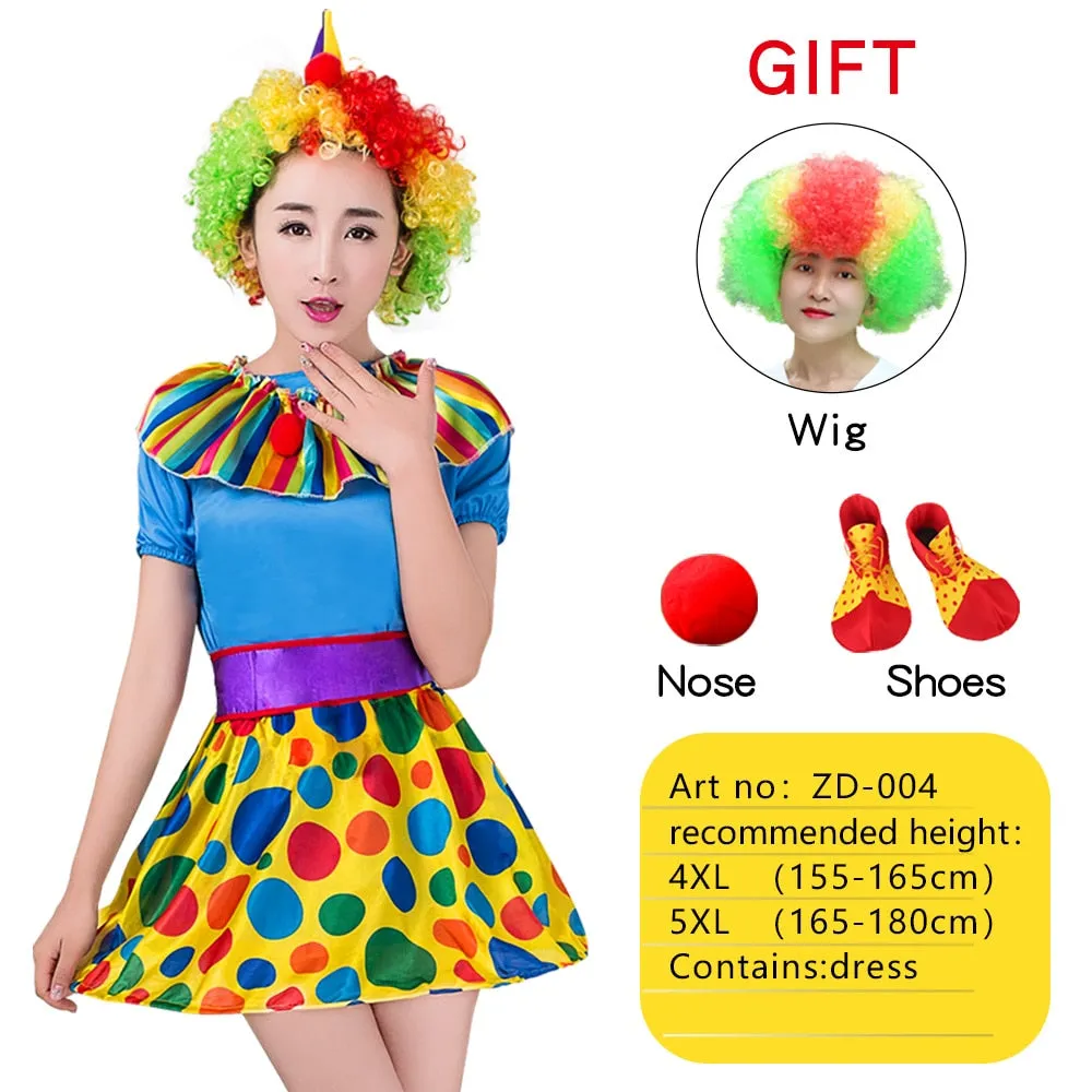 Halloween Adult Funny Circus Clown Cosplay Costumes Carnival Party Show With Wig Shoes Sponge Nose Dress for Men Women