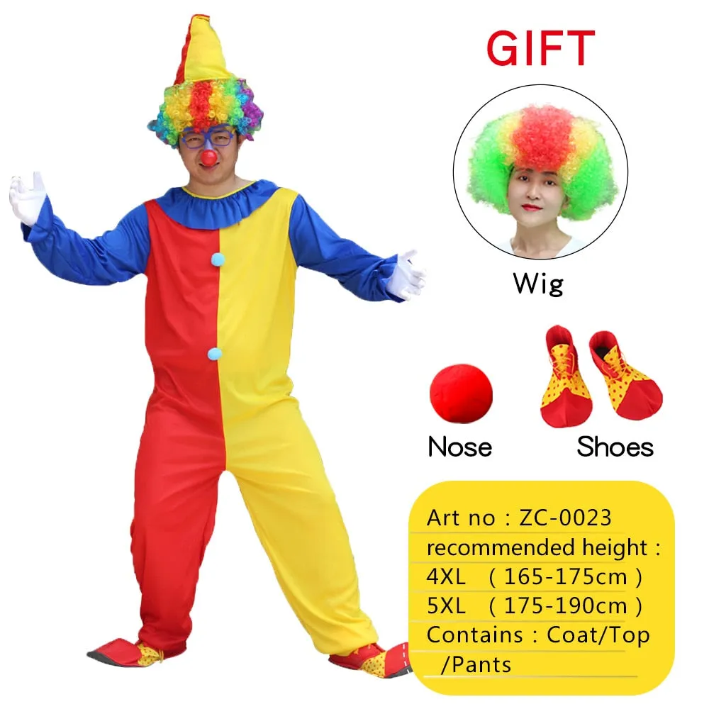 Halloween Adult Funny Circus Clown Cosplay Costumes Carnival Party Show With Wig Shoes Sponge Nose Dress for Men Women