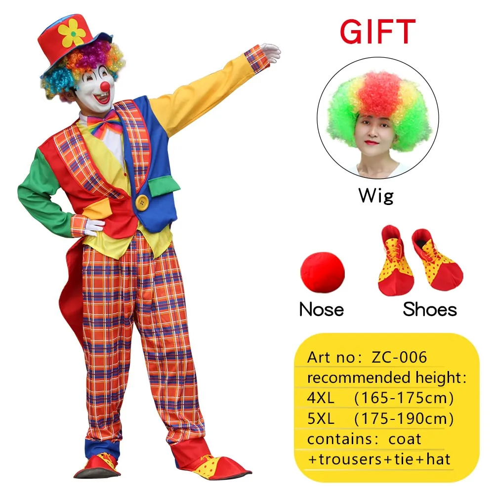 Halloween Adult Funny Circus Clown Cosplay Costumes Carnival Party Show With Wig Shoes Sponge Nose Dress for Men Women