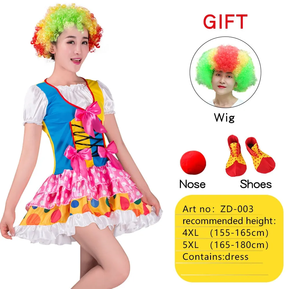 Halloween Adult Funny Circus Clown Cosplay Costumes Carnival Party Show With Wig Shoes Sponge Nose Dress for Men Women