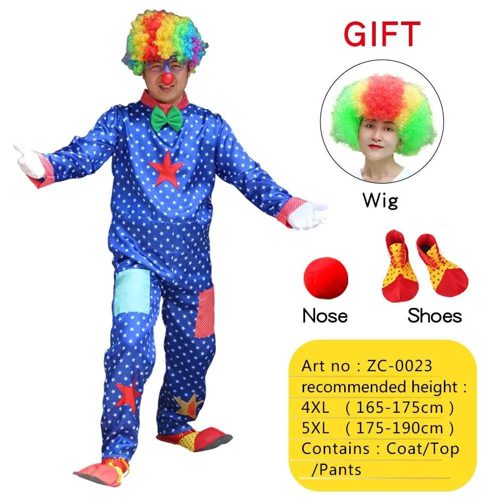 Halloween Adult Funny Circus Clown Cosplay Costumes Carnival Party Show With Wig Shoes Sponge Nose Dress for Men Women