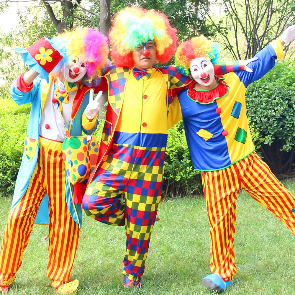 Halloween Adult Funny Circus Clown Cosplay Costumes Carnival Party Show With Wig Shoes Sponge Nose Dress for Men Women