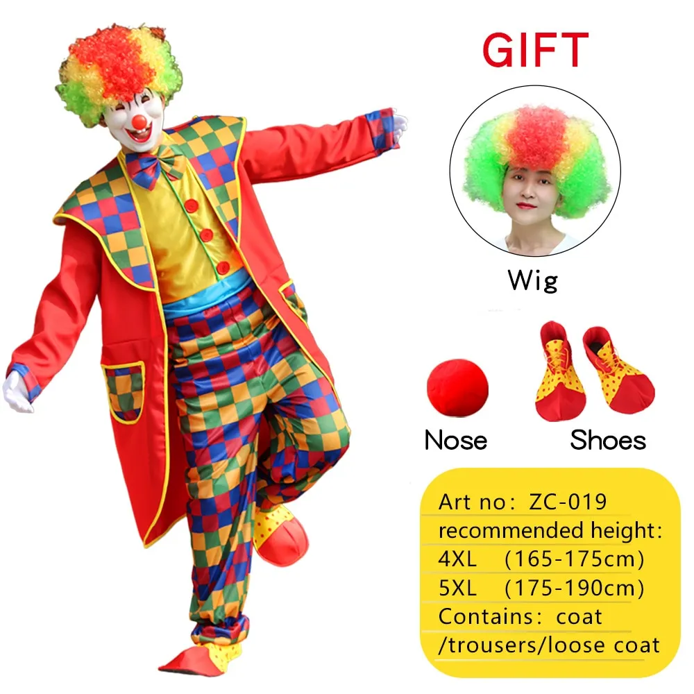 Halloween Adult Funny Circus Clown Cosplay Costumes Carnival Party Show With Wig Shoes Sponge Nose Dress for Men Women