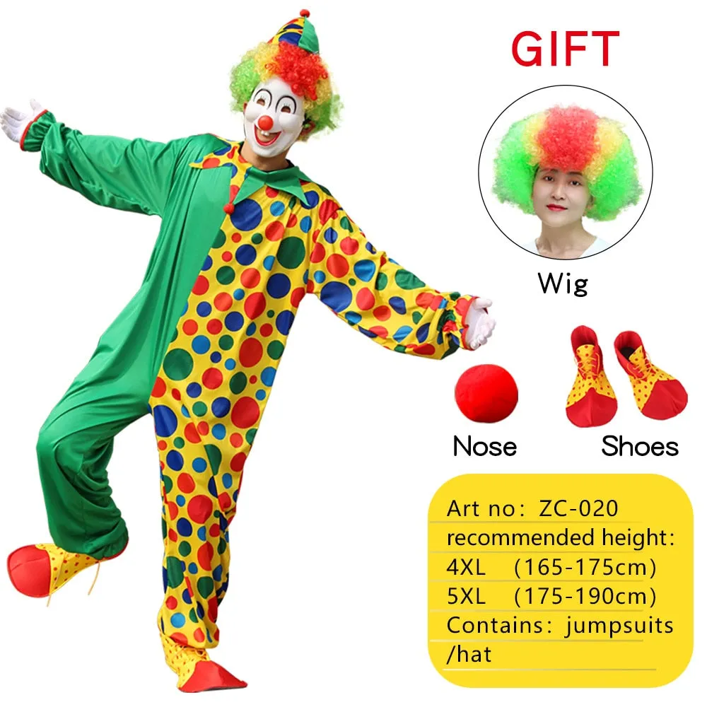 Halloween Adult Funny Circus Clown Cosplay Costumes Carnival Party Show With Wig Shoes Sponge Nose Dress for Men Women