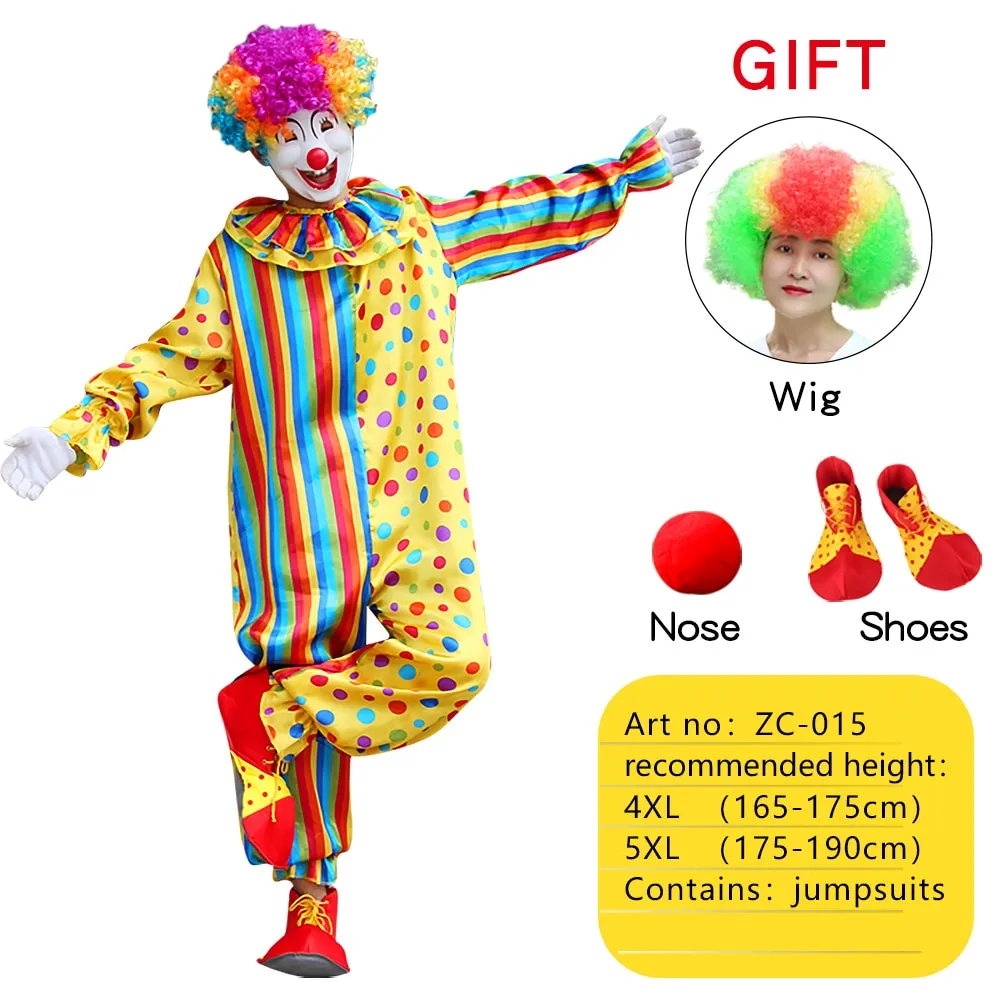 Halloween Adult Funny Circus Clown Cosplay Costumes Carnival Party Show With Wig Shoes Sponge Nose Dress for Men Women