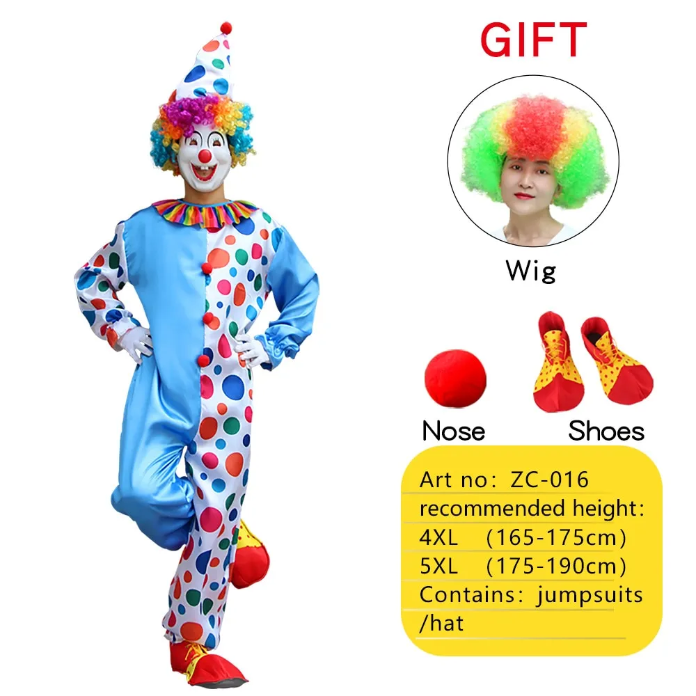 Halloween Adult Funny Circus Clown Cosplay Costumes Carnival Party Show With Wig Shoes Sponge Nose Dress for Men Women