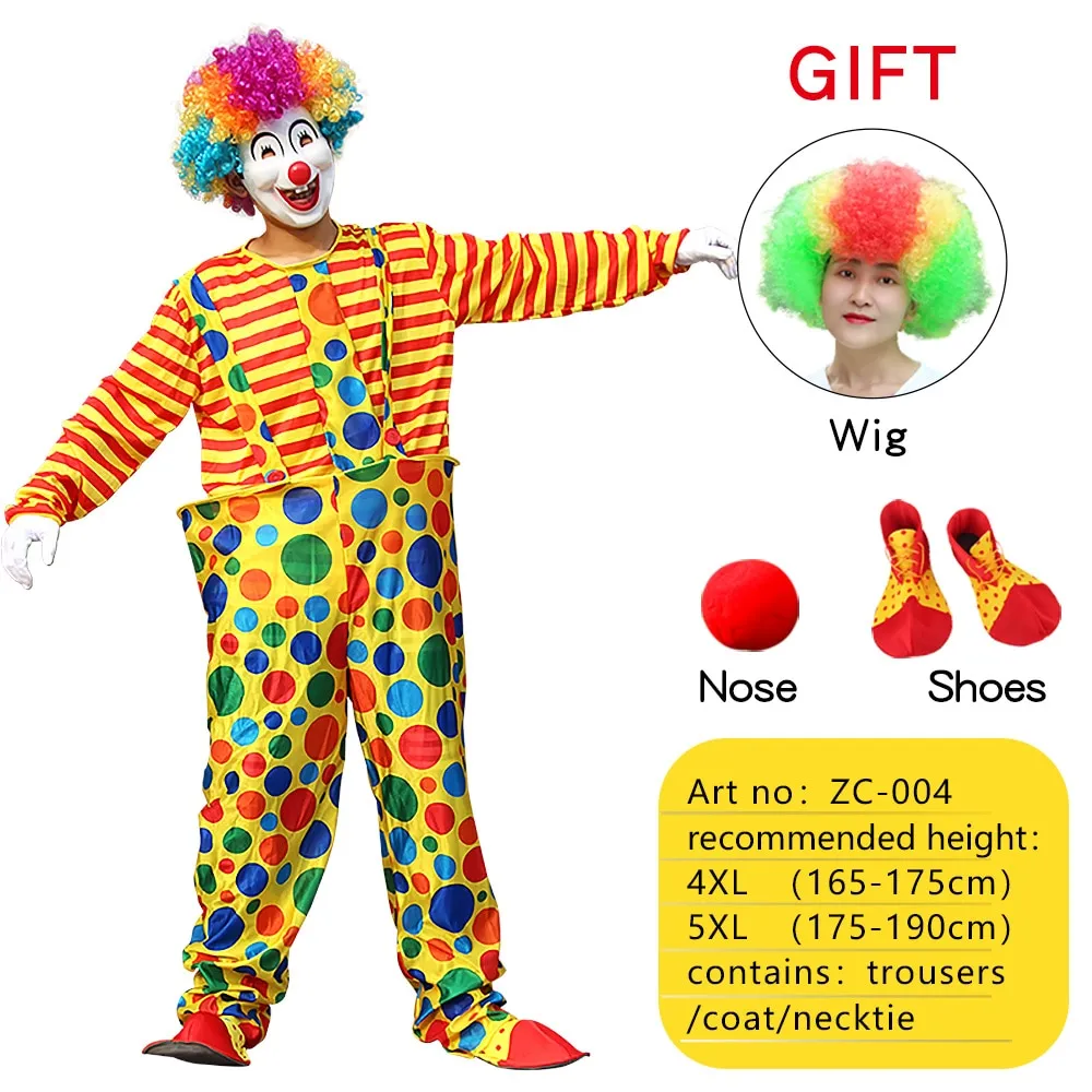 Halloween Adult Funny Circus Clown Cosplay Costumes Carnival Party Show With Wig Shoes Sponge Nose Dress for Men Women