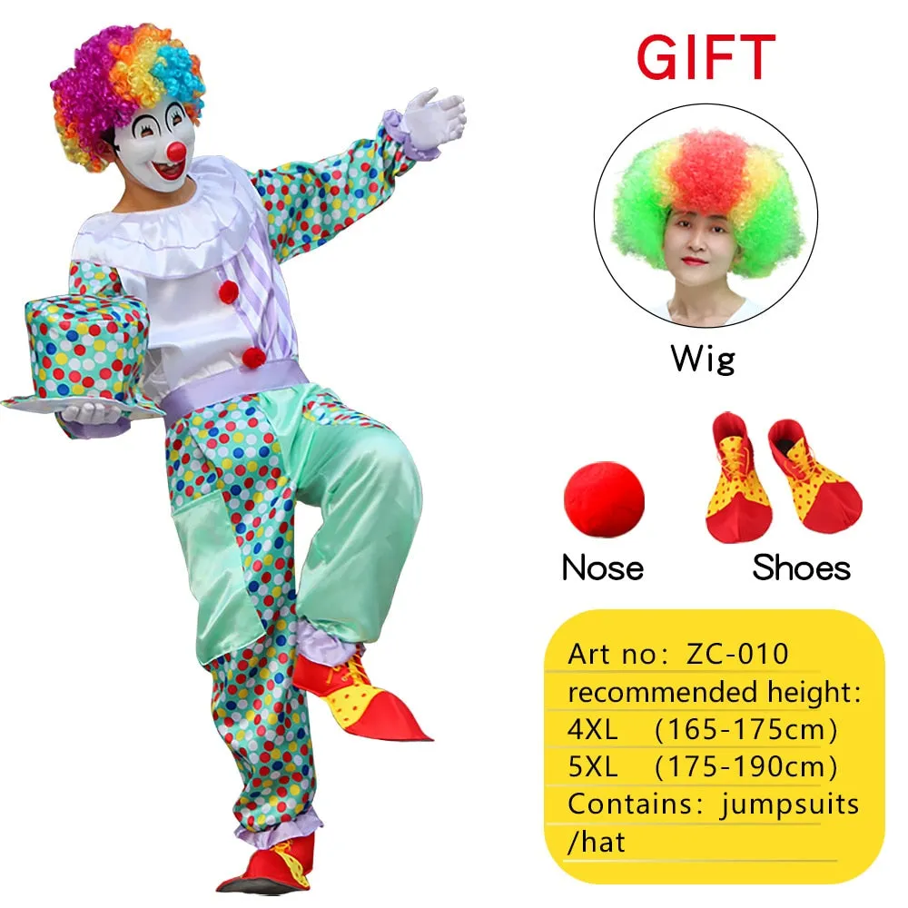 Halloween Adult Funny Circus Clown Cosplay Costumes Carnival Party Show With Wig Shoes Sponge Nose Dress for Men Women