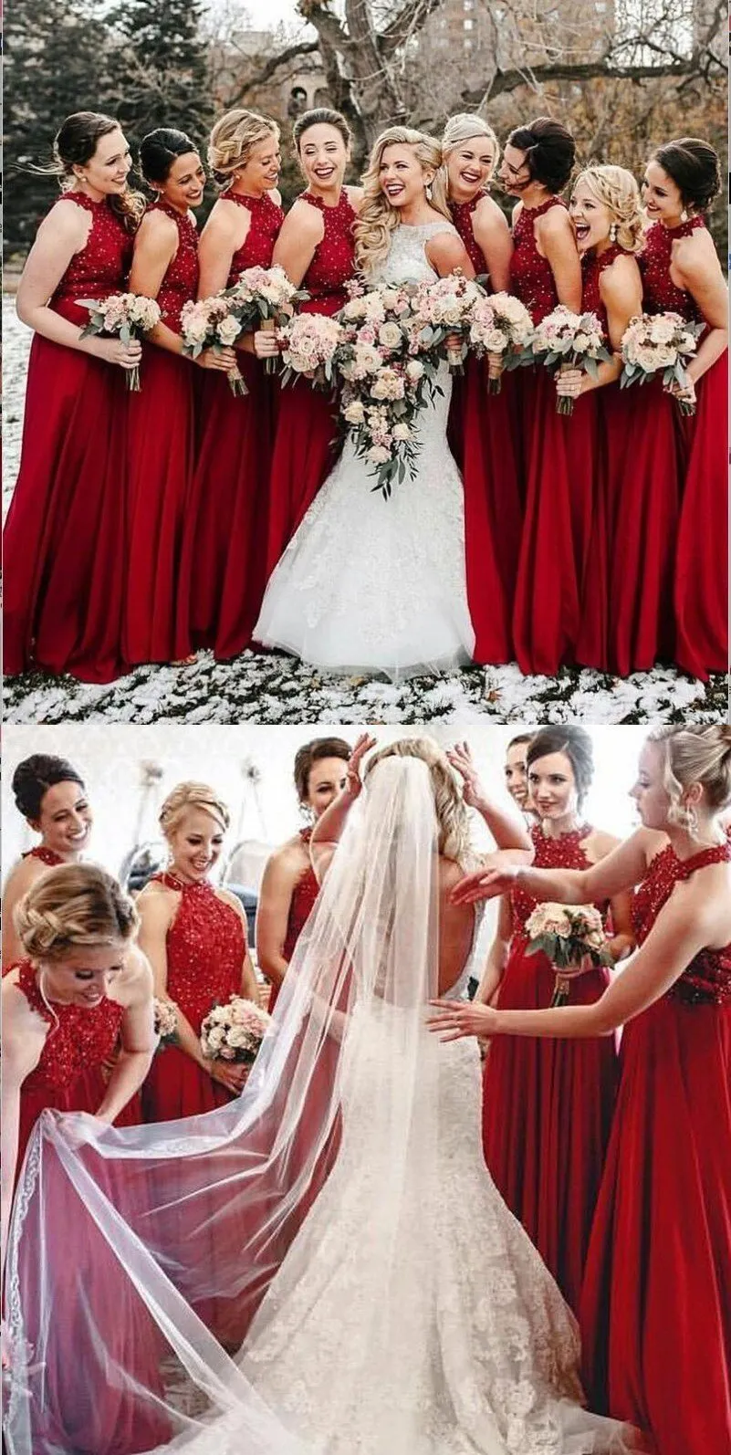 High Neck A-Line Cheap Modest Popular Formal Long Red Bridesmaid Dresses, WG284