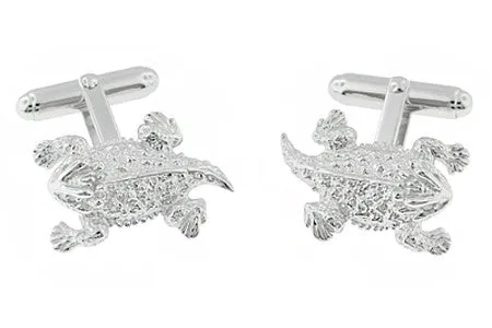 Horned Lizard Cufflinks in Sterling Silver with Diamond Eyes - Horned Frogs