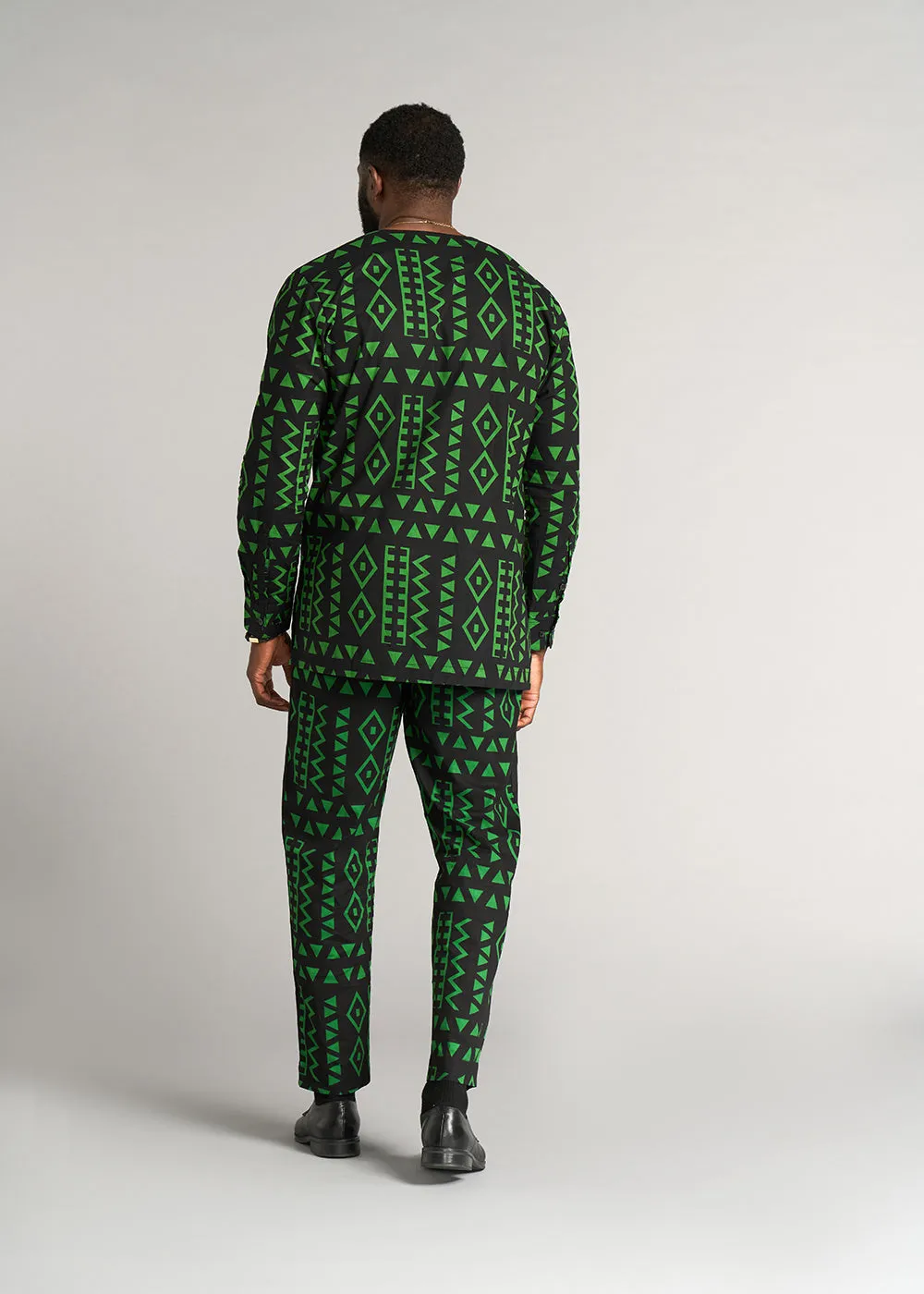 Ibrahim Men's African Print Traditional Shirt (Moss Black Geometric) - Clearance