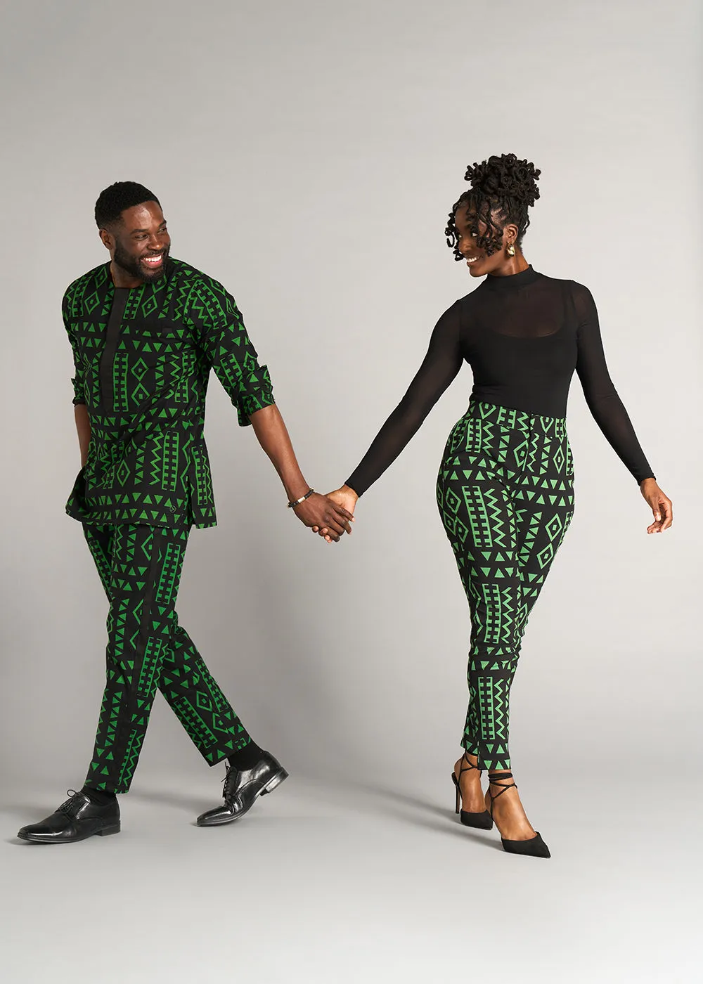 Ibrahim Men's African Print Traditional Shirt (Moss Black Geometric) - Clearance