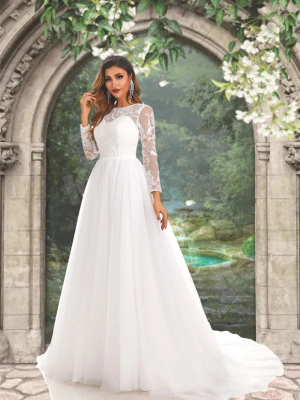 Illusion Lace Top Floral Long Sleeves Round Neck A-line Long Wedding Dress, WD3094