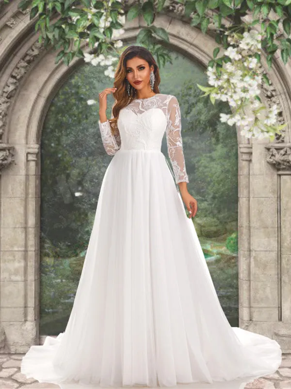 Illusion Lace Top Floral Long Sleeves Round Neck A-line Long Wedding Dress, WD3094