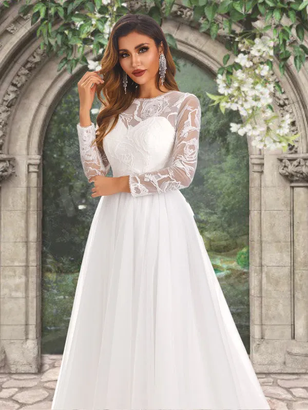Illusion Lace Top Floral Long Sleeves Round Neck A-line Long Wedding Dress, WD3094