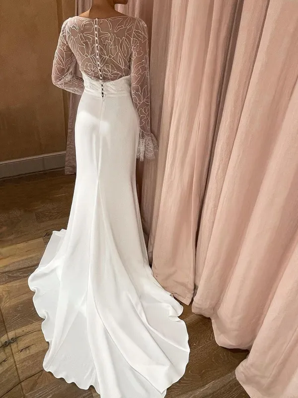 Illusion Long Sleeve Square-neck Side Slit Mermaid Long Wedding Dress, WD3024