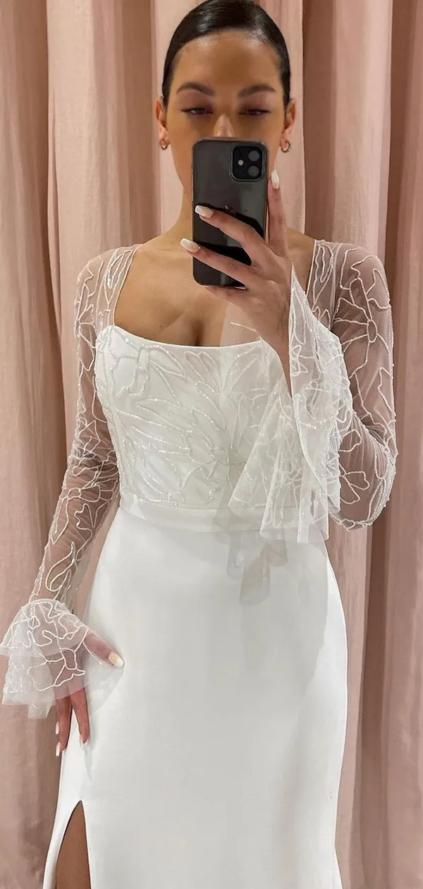 Illusion Long Sleeve Square-neck Side Slit Mermaid Long Wedding Dress, WD3024