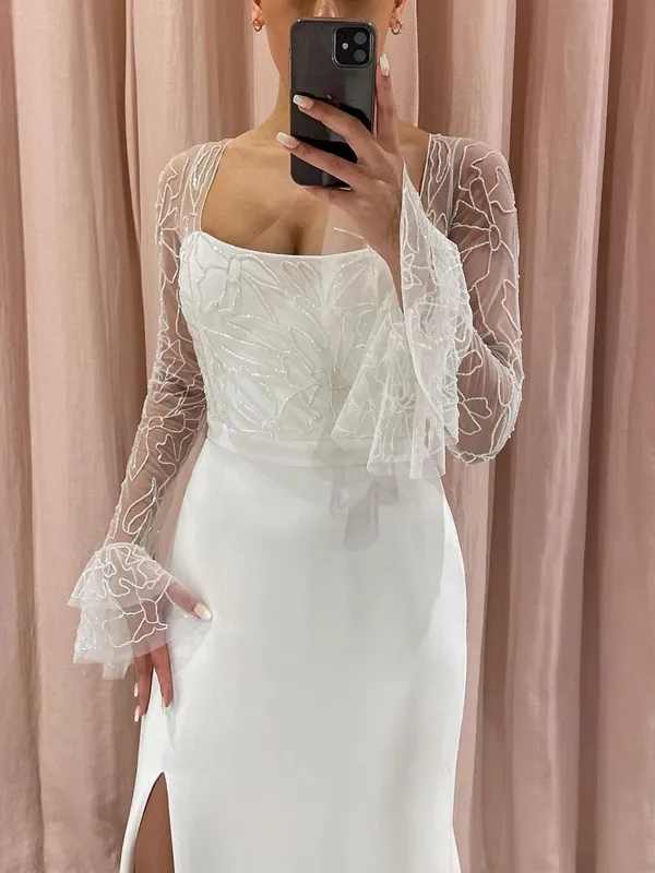 Illusion Long Sleeve Square-neck Side Slit Mermaid Long Wedding Dress, WD3024