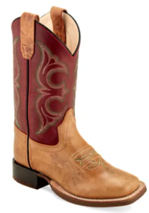 KIDS (8.5-3) CACTUS TAN/RED SQUARE TOE BOOT