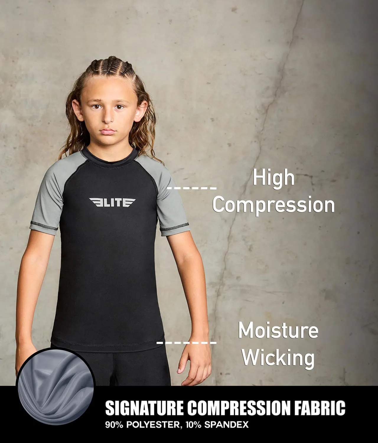 Kids' Standard Gray Short Sleeve No-Gi BJJ Rash Guard