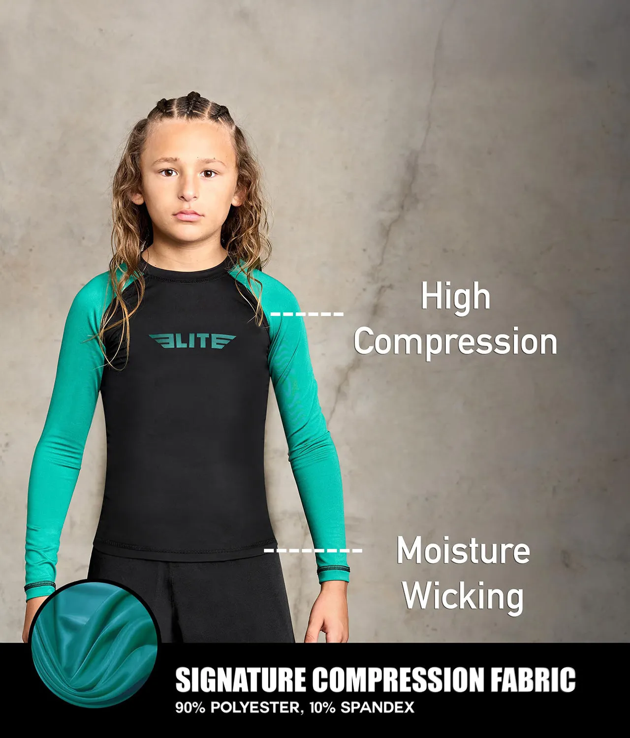 Kids' Standard Green Long Sleeve No-Gi BJJ Rash Guard