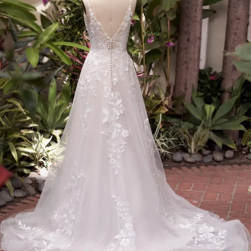 Lace Spaghetti Strap Sweetheart A-line Ivory Tulle Lace Long Wedding Dress, WD3034
