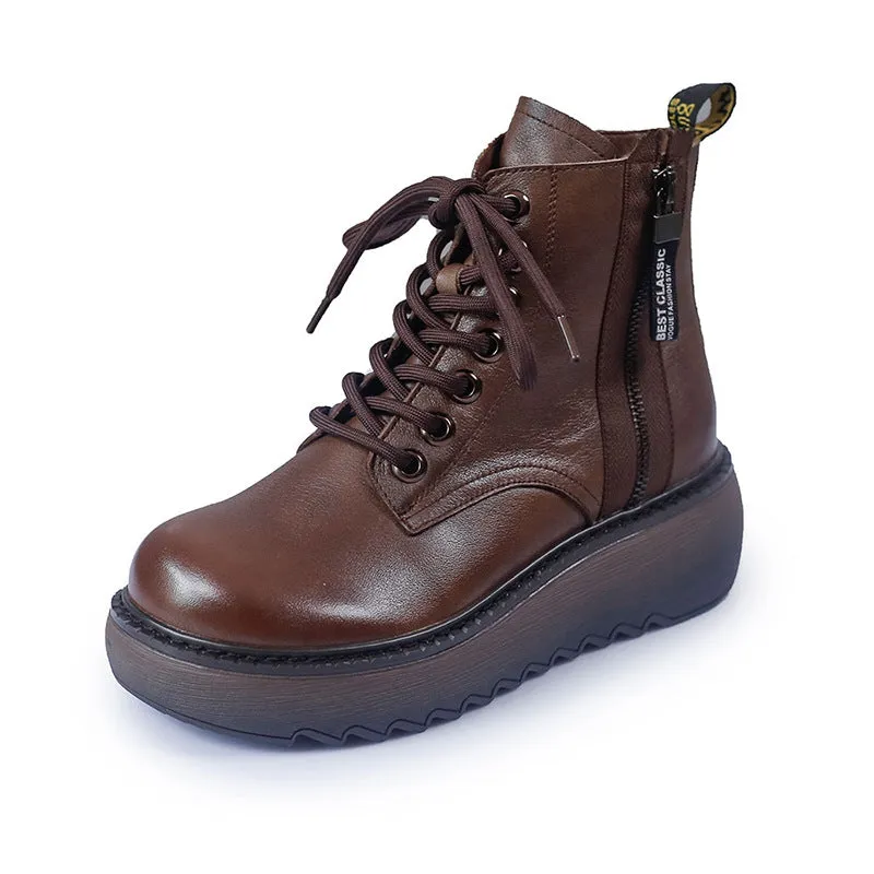 Leather Round Toe Thick Sole Martin Boots Slim Women's Shoes