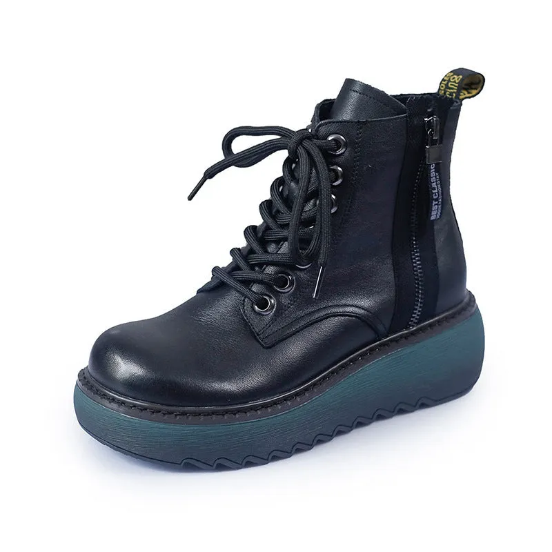 Leather Round Toe Thick Sole Martin Boots Slim Women's Shoes
