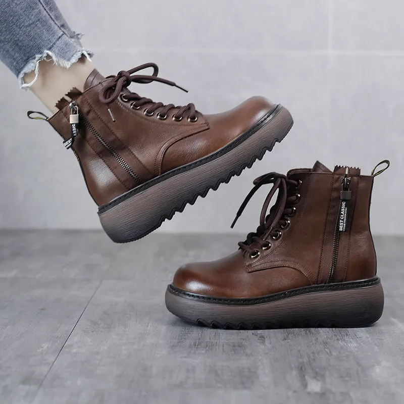 Leather Round Toe Thick Sole Martin Boots Slim Women's Shoes