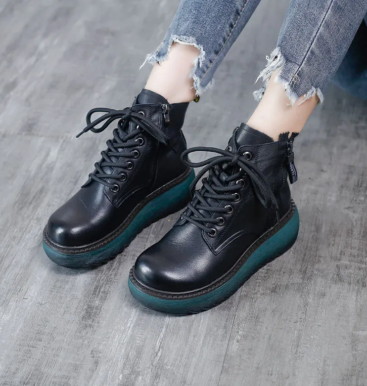Leather Round Toe Thick Sole Martin Boots Slim Women's Shoes
