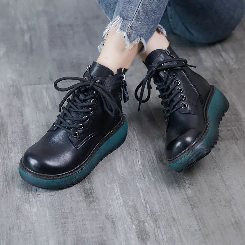 Leather Round Toe Thick Sole Martin Boots Slim Women's Shoes