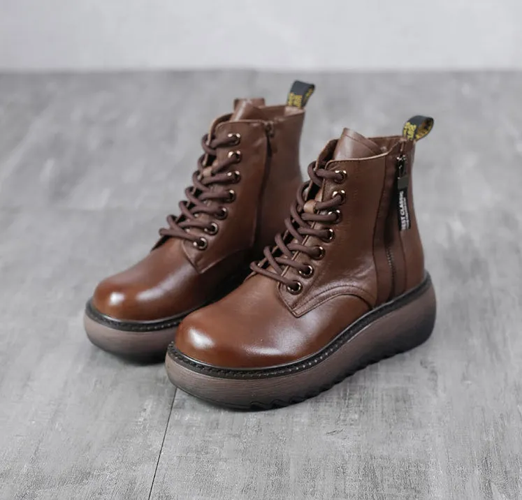 Leather Round Toe Thick Sole Martin Boots Slim Women's Shoes