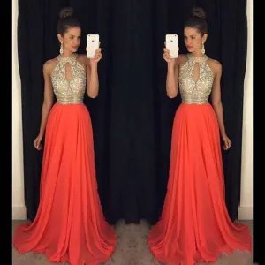 Long chiffon Halter Sparkly Prom Dresses, Most Popular High Quality Prom Dress, Shinning Prom gown, PD0697
