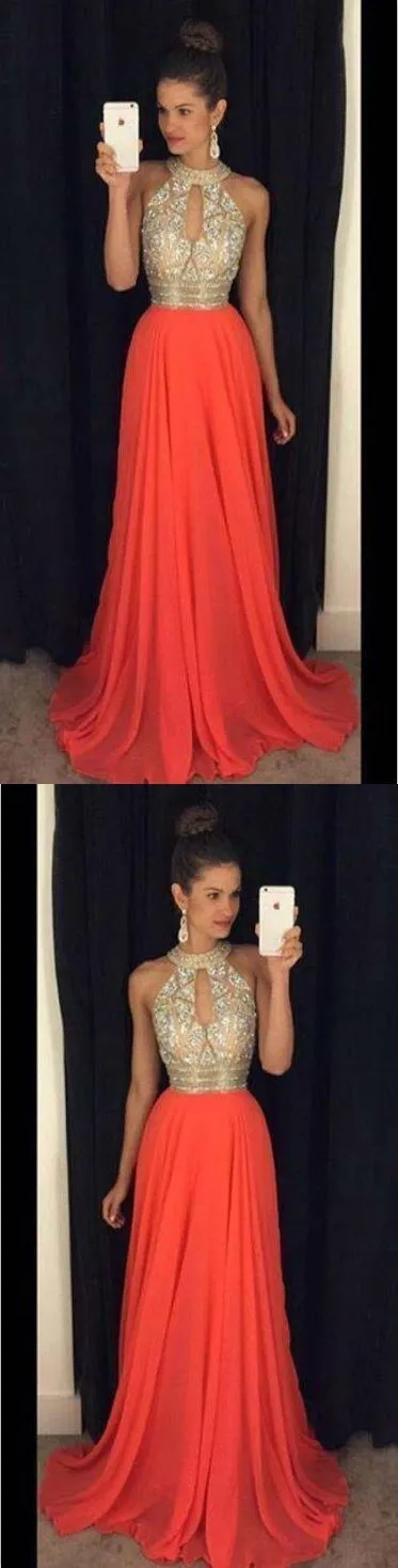 Long chiffon Halter Sparkly Prom Dresses, Most Popular High Quality Prom Dress, Shinning Prom gown, PD0697