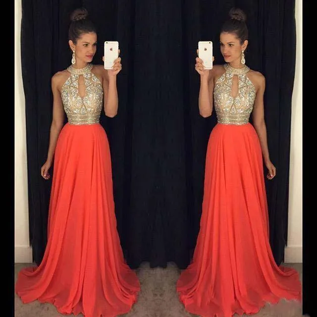 Long chiffon Halter Sparkly Prom Dresses, Most Popular High Quality Prom Dress, Shinning Prom gown, PD0697