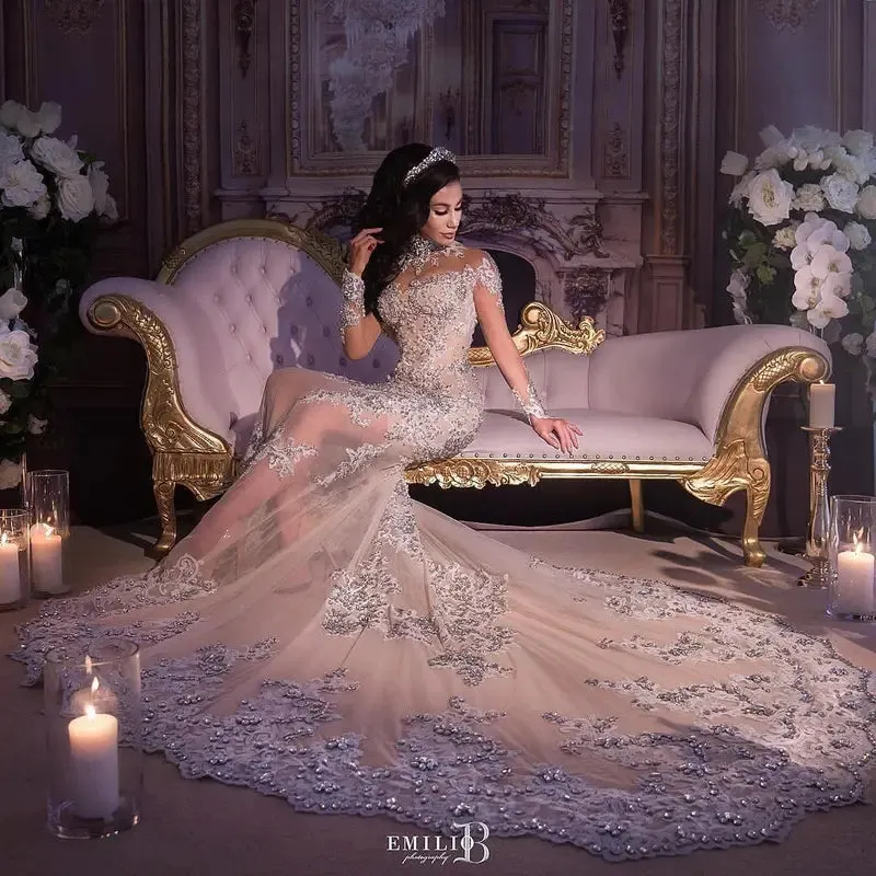 Long Sleeves High Neck Lace Popular Free Custom Wedding Dresses, Bridals Gowns With Train, WD0265