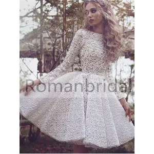 Lovely pure white short Lace Bateau Full sleeve princess dress,  Homecoming Dress, HD0308