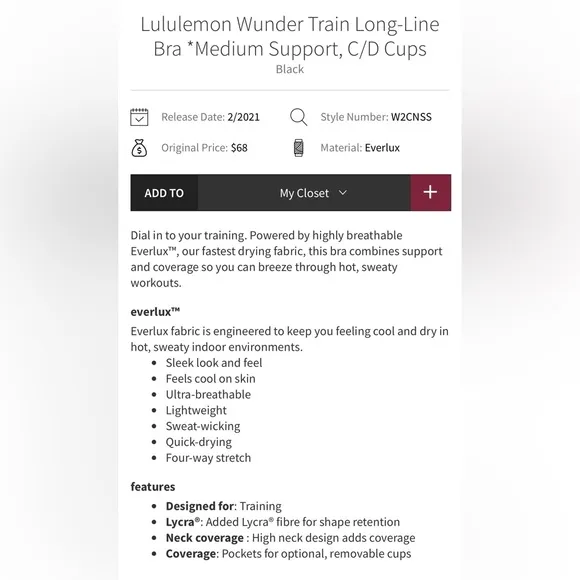 Lululemon Wunder Train Long Line Black Racerback Sports Bra Size 8