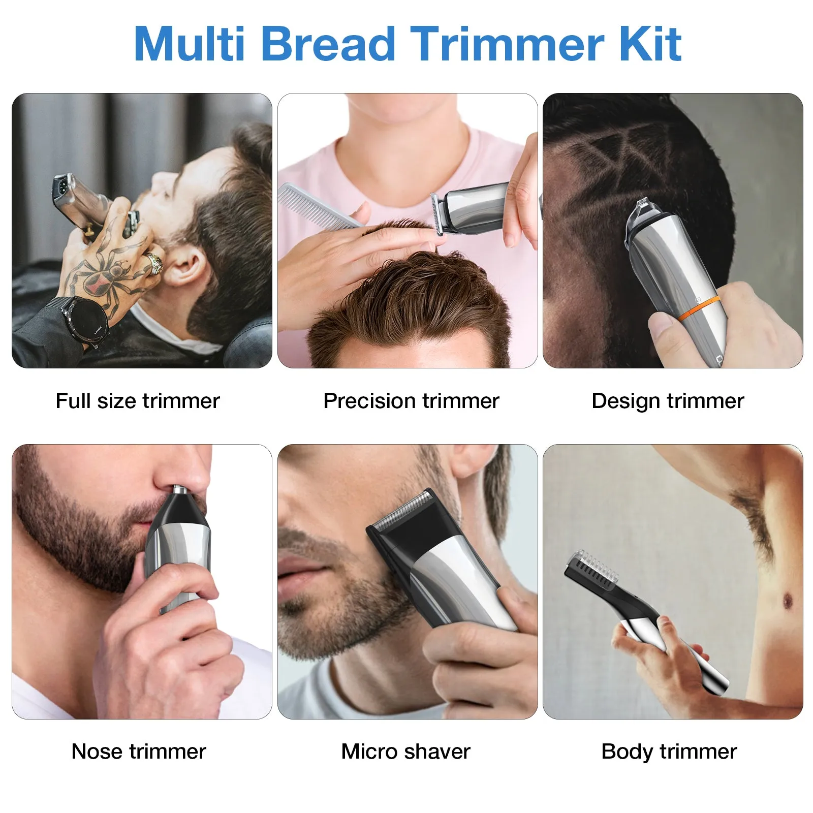 Men's Hair Beard Trimmer, Rechargeable Body Nose Hair Groomer Cordless Precision Trimmer 6 in 1 Kit