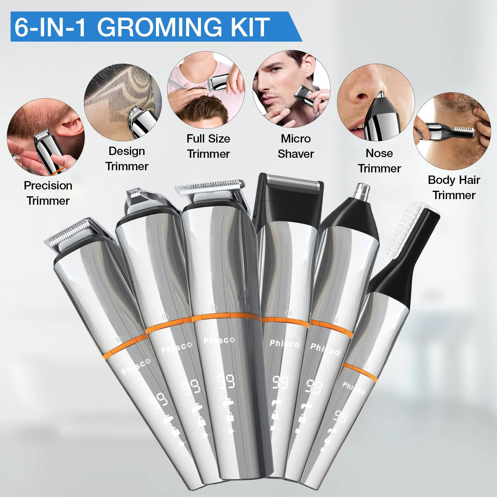 Men's Hair Beard Trimmer, Rechargeable Body Nose Hair Groomer Cordless Precision Trimmer 6 in 1 Kit