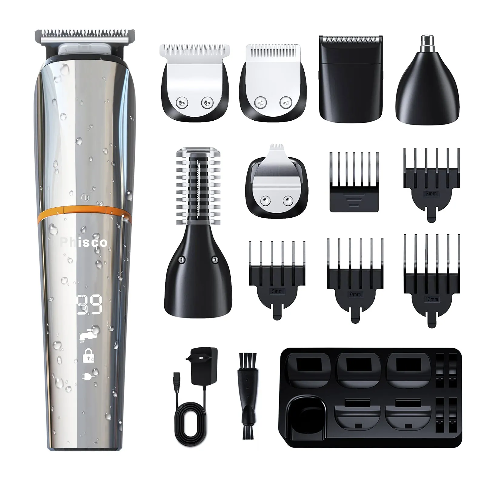 Men's Hair Beard Trimmer, Rechargeable Body Nose Hair Groomer Cordless Precision Trimmer 6 in 1 Kit