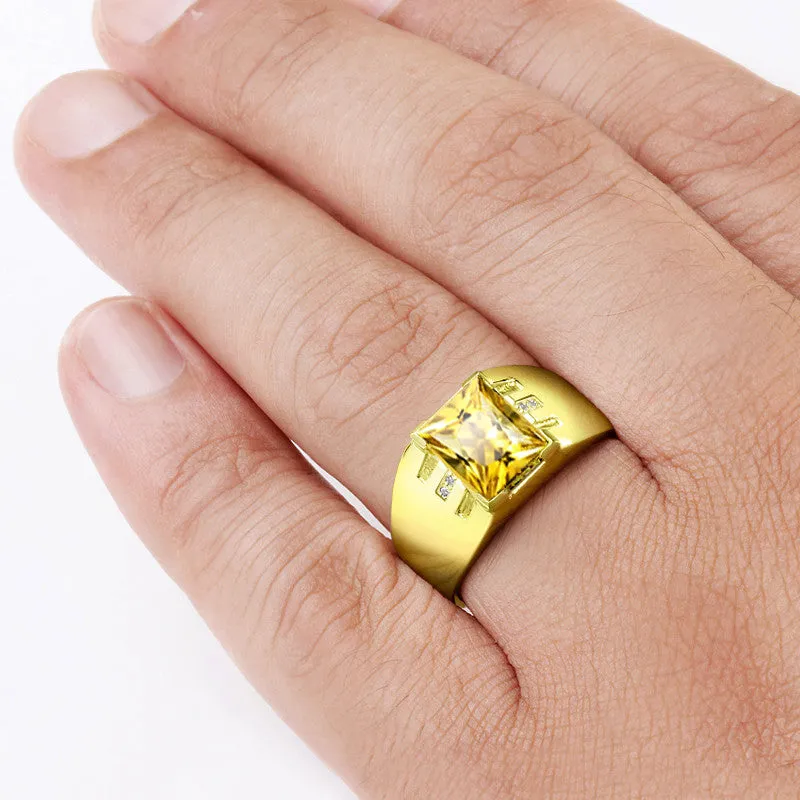 Men's Ring with Citrine Gemstone and Diamonds in 14k Solid Yellow Gold