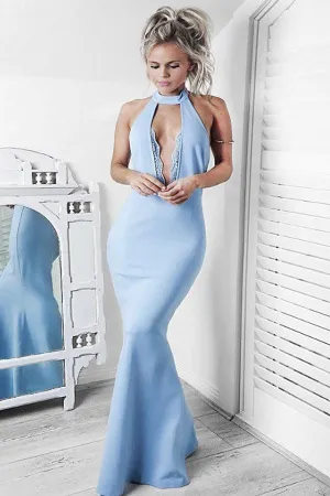 Mermaid Halter Blue Satin Floor-length Keyhole Prom Dress with Lace TP0091