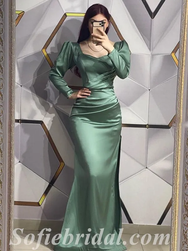Modest Satin Long Sleeve Side Slit Sheath  Prom Dresses With Pleats,SFPD0375