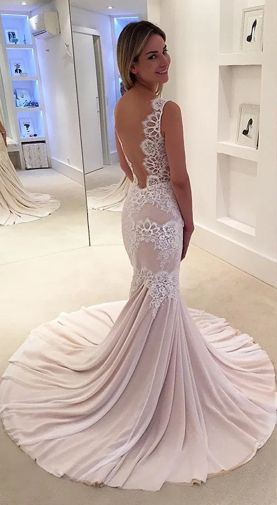 Most popular sexy Mermaid lace bridal gowns With Trailing, Backless Wedding Dress, WD0326