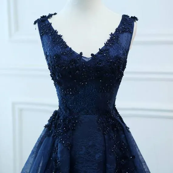 Most Popular V-neck A-line Lace Navy Blue Long Prom Dresses, TYP0113